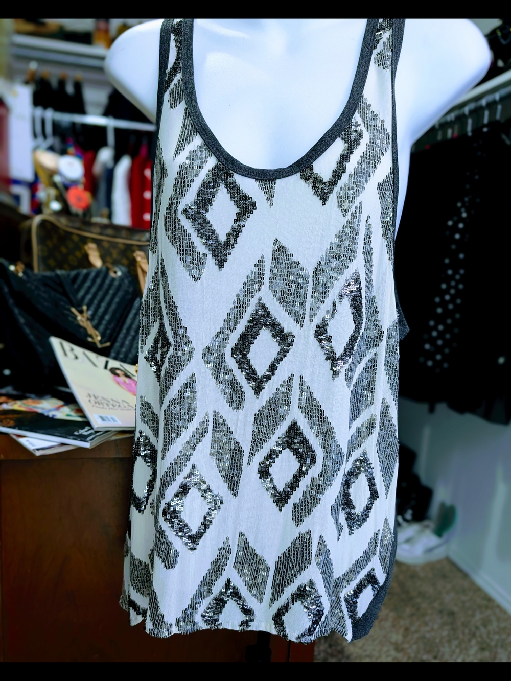 Fifteen Twenty White Tank Top with Black Sequin Diamond Pattern